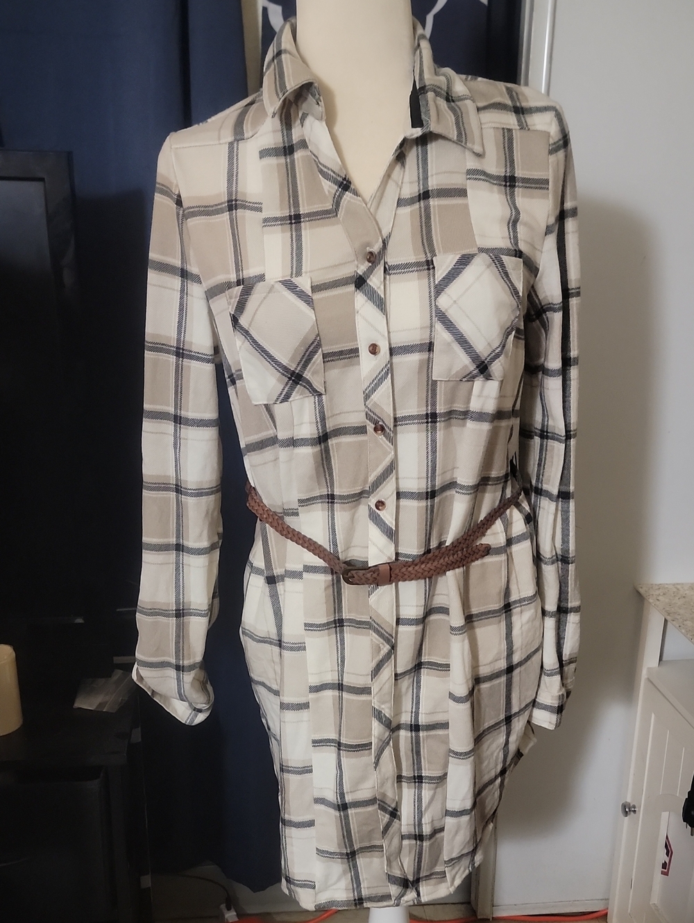 Passport Long Sleeve Plaid Shirt Dress in Cream and Tan